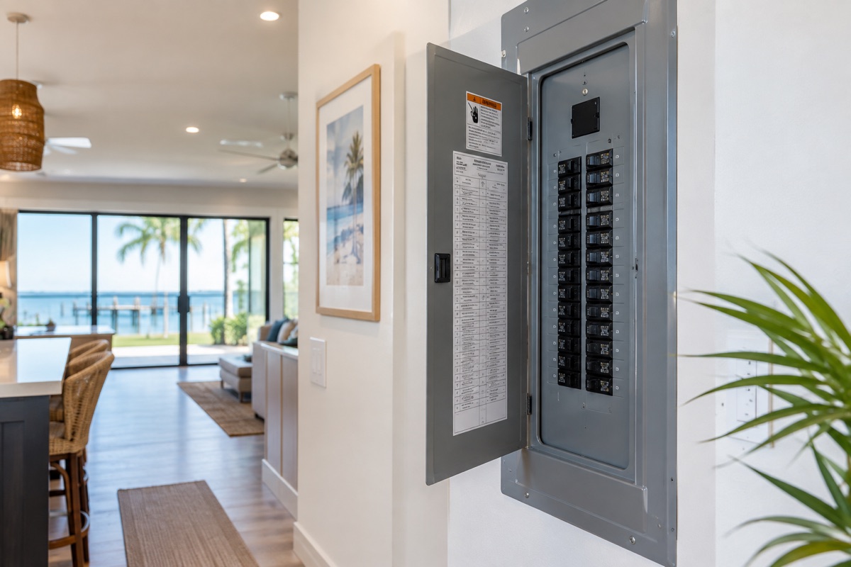 A labeled residential breaker panel with its door open in the hallway of a bright waterfront Florida home
