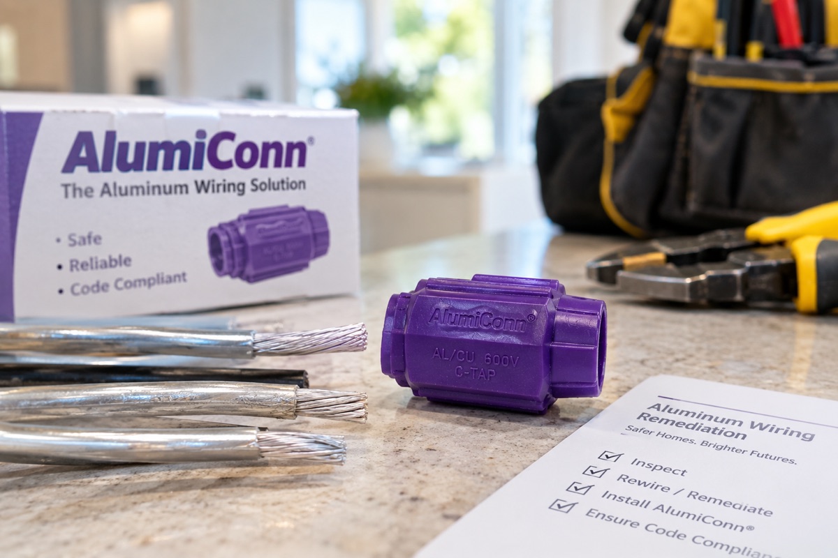 A purple AlumiConn aluminum-to-copper connector on a countertop beside its box, stripped aluminum wire, pliers, and an aluminum wiring remediation checklist