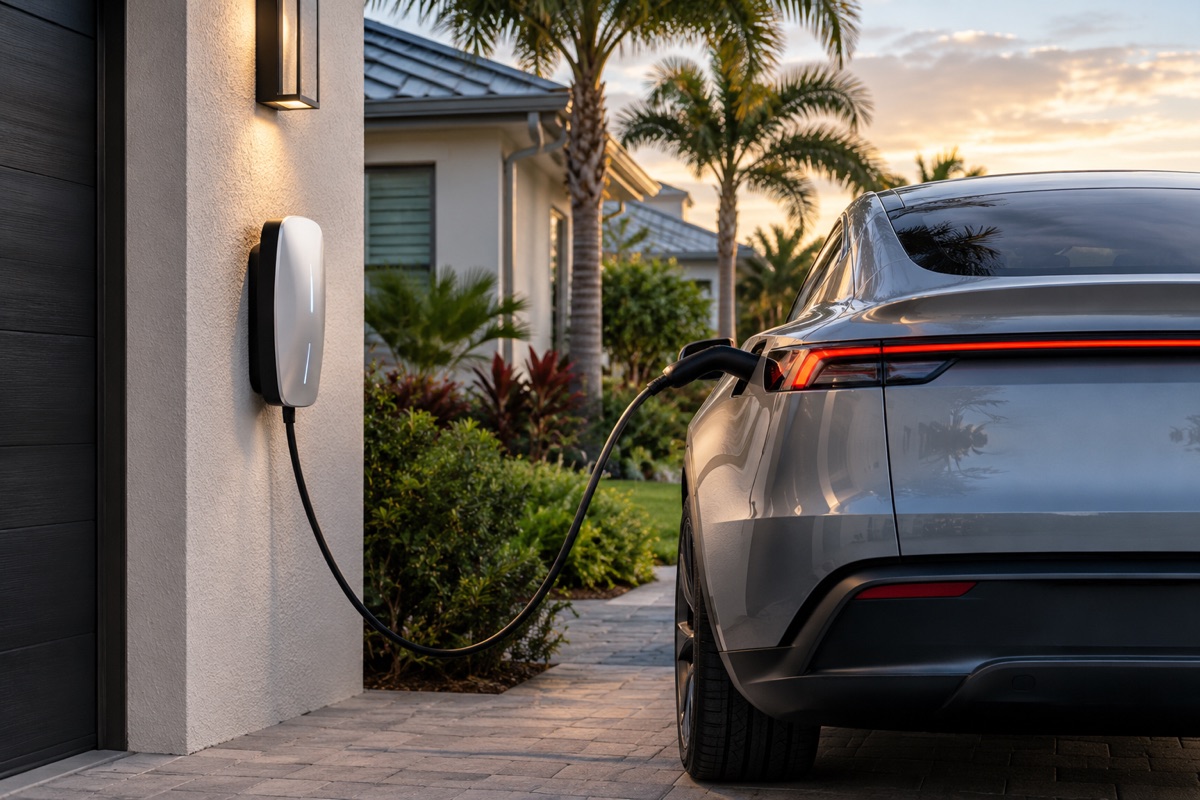 A white wall-mounted EV charger on the stucco wall beside a garage, its cable plugged into a silver electric car parked on a paver driveway lined with palm trees at sunset