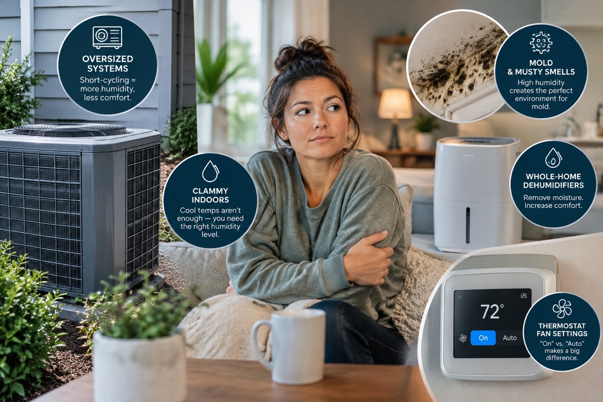 A woman on a living-room sofa hugging herself against a clammy chill, surrounded by an outdoor AC condenser, a dehumidifier, mold on a ceiling corner, and a thermostat with its fan set to On instead of Auto