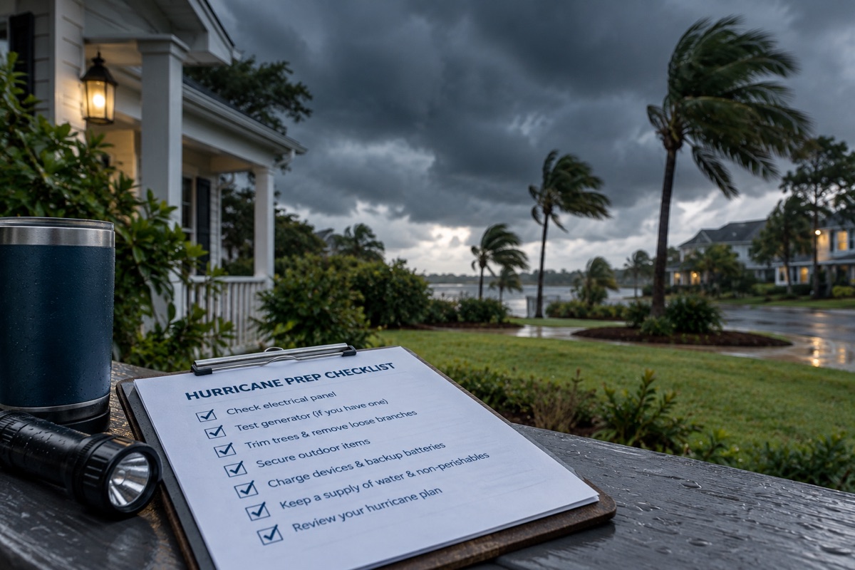 A hurricane prep checklist on a clipboard beside a flashlight on a rain-wet porch rail, with palm trees bending in the wind under dark storm clouds outside a Jacksonville home