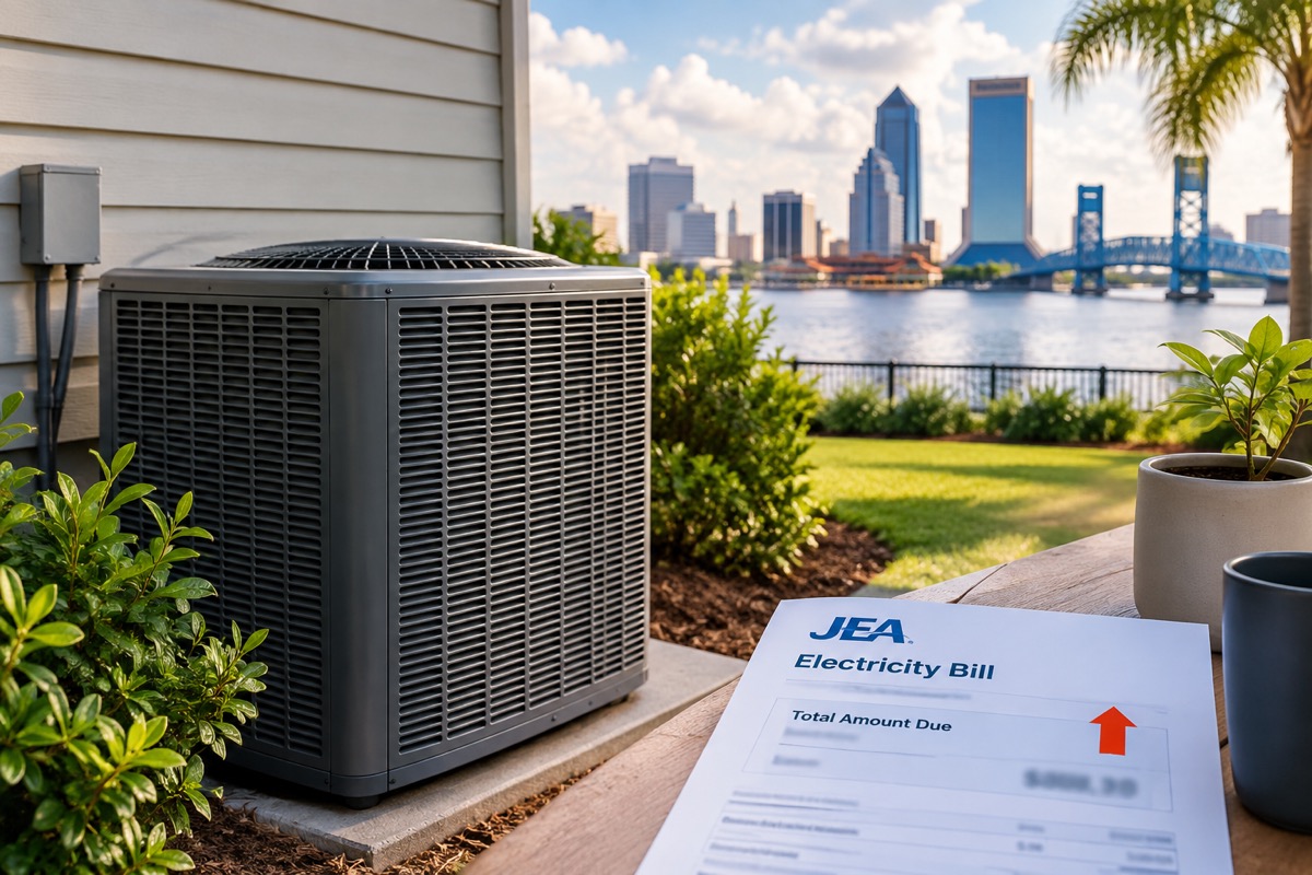 An outdoor A/C condenser beside a Jacksonville home, with the St. Johns River and downtown skyline behind it and a JEA electricity bill on a patio table