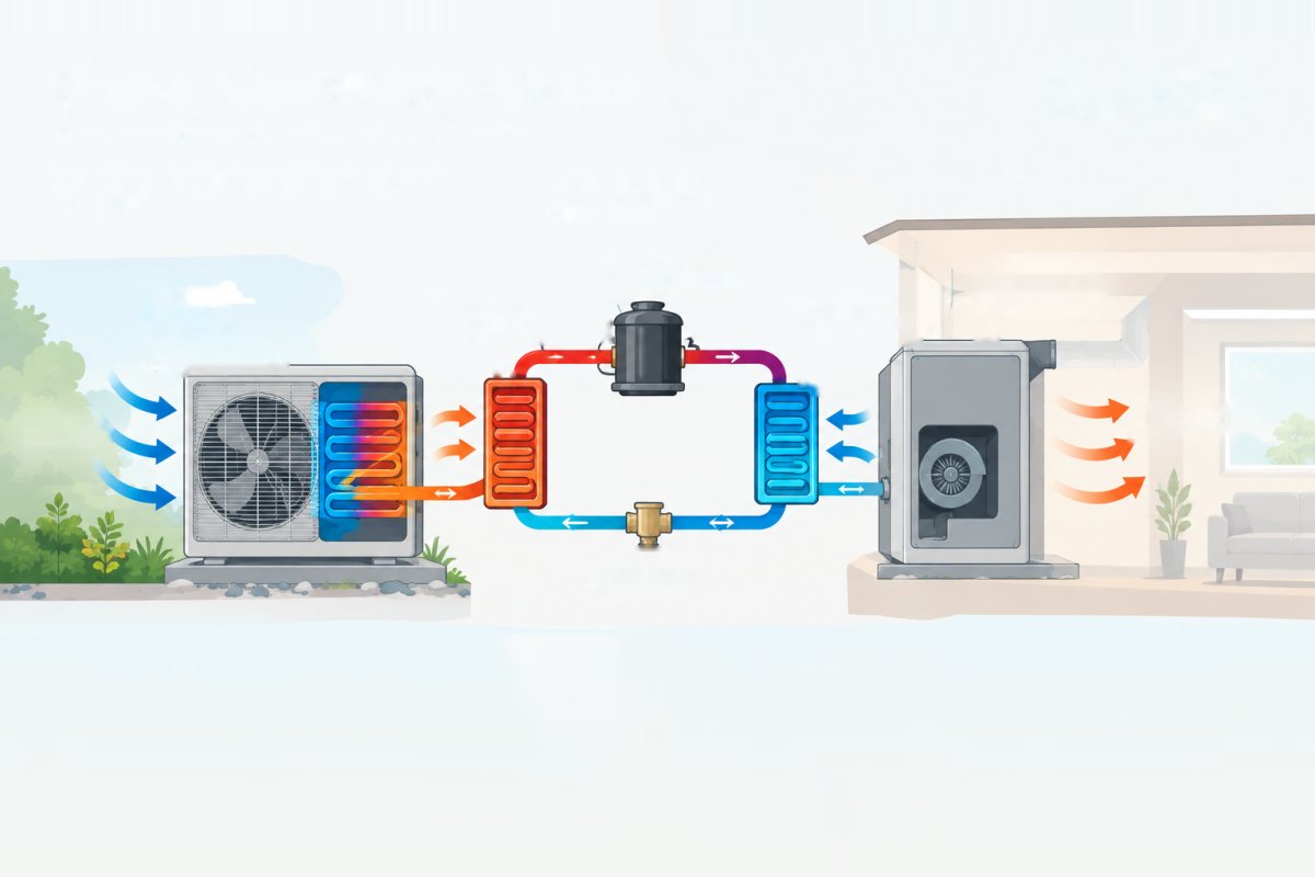 Illustrated diagram of how a heat pump works: an outdoor unit and an indoor air handler connected by a refrigerant loop running through a condenser, compressor, evaporator, and expansion valve