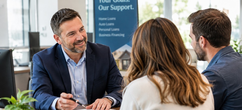 A couple going over payment options at a desk with an advisor