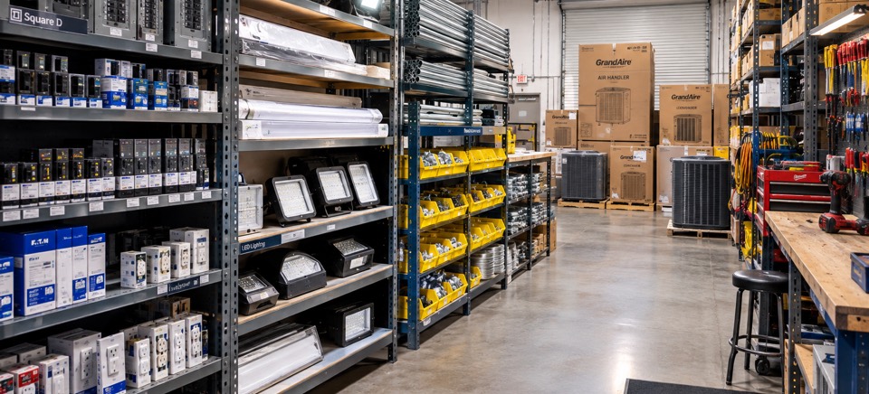 Shelves stocked with A/C equipment and electrical parts